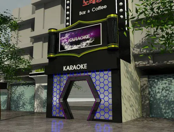 Phối cảnh 3D biển quảng cáo karaoke kết hợp bar coffee