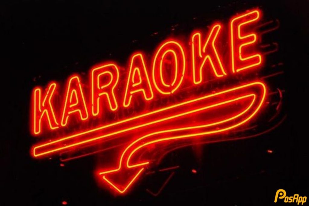 Biển chữ karaoke neon đỏ mũi tên chỉ dẫn